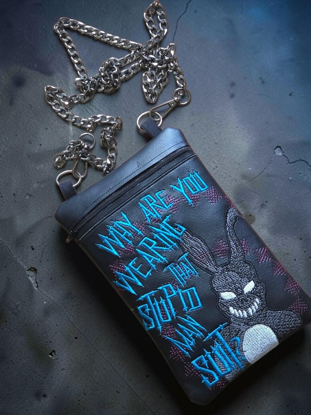 Black Faux Leather Crossbody Bag with Blue Embroidered Graphic Donnie Darko